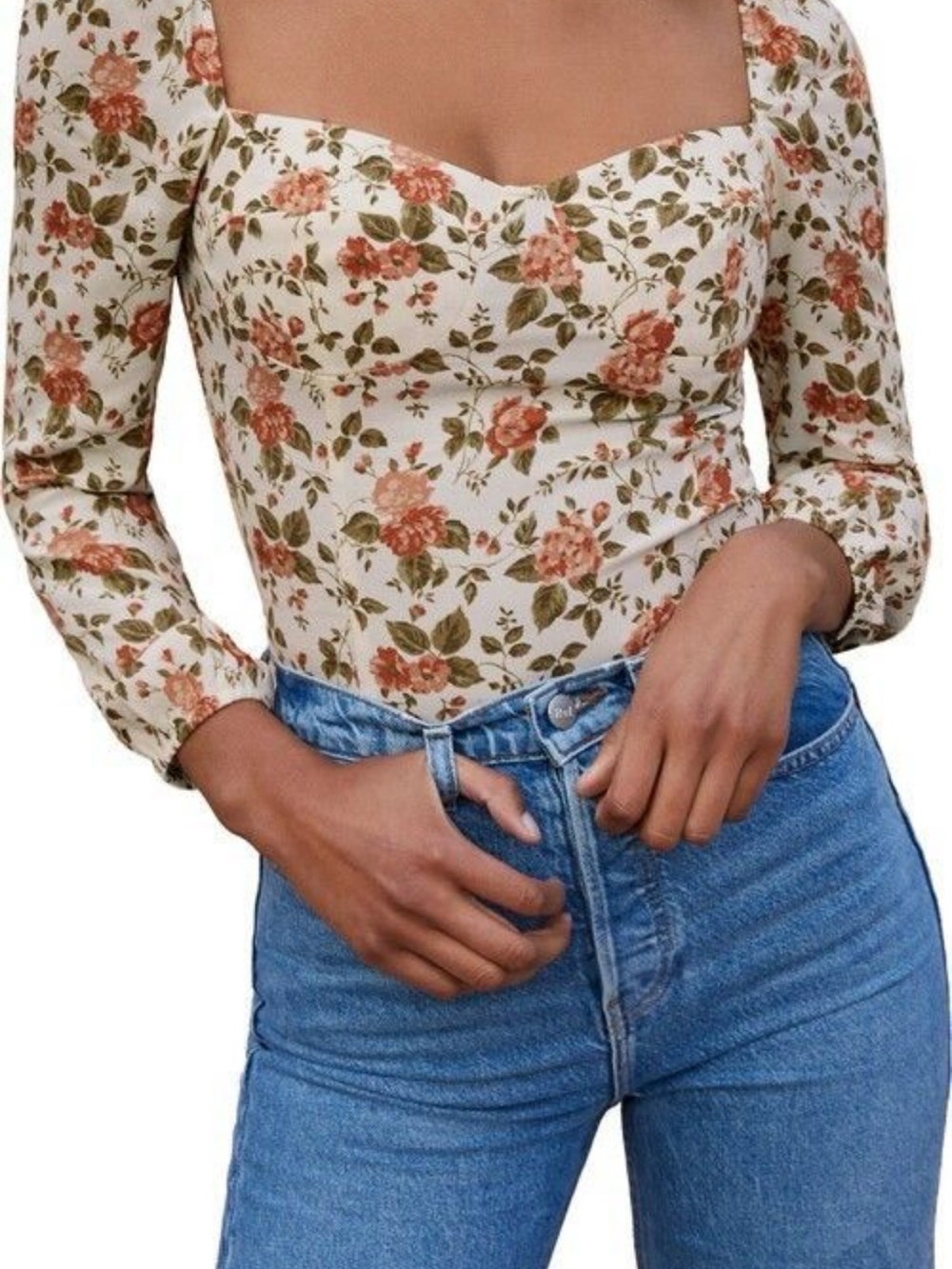 Reformation Cream Floral Square-Neck Long-Sleeve